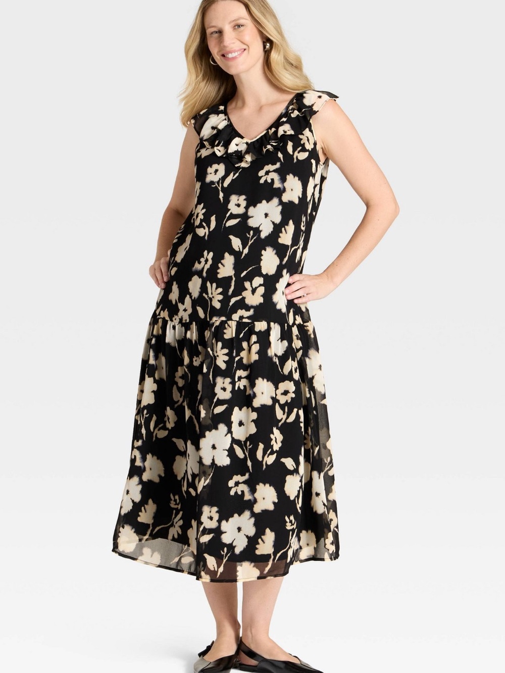 Isabel Maternity by Ingrid & Isabel Black Floral Ruffle-Trim Midi Dress